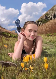 Девушка с косой лежит в поле на фоне гор, стиль Под масло, художник Софья 