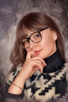 Портрет кареглазой девушки в очках в стиле Под масло на нейтральном фоне, художник Анна