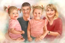 Семейный портрет из четырёх человек в стиле Под масло: мама, папа и две дочки изображены на абстрактном светлом фоне, художник Анна