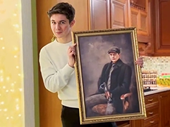 Молодой человек держит в руках собственный портрет на холсте в рамке, который был создан по фотографии; на портрете он изображен сидящим в кресле в кепке и с автоматом