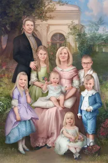 В образе, художник Антонина, портрет семьи из восьми человек в образах XIX века на фоне дворцового парка