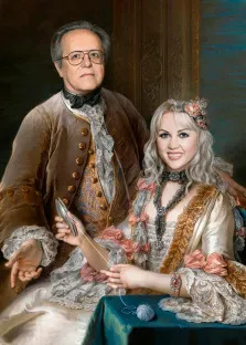 Портрет мужчины в очках и светловолосой женщины В образе старинной семьи, художник Валерия 