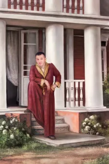 Портрет мужчины в красном халате на крыльце дома В образе, художник Антонина