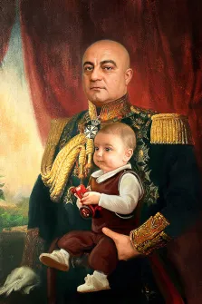 Портрет лысого мужчины В старинном образе с ребёнком на руках, художник Павел 