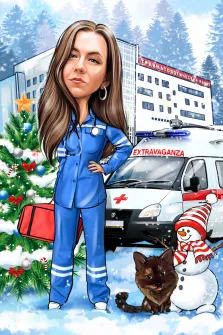 Шарж, художник Александра, доктор с новогодней елкой, снеговиком и котом, на фоне травмпункта и машины скорой помощи