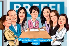 Корпоративный Шарж на семь персон: шесть девушек и один мужчина сидят за столом, художник Олеся 