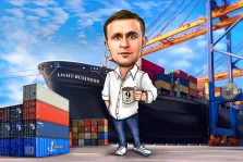 Портрет мужчины в стиле Шарж на фоне грузового судна и контейнеров, художник Александра 
